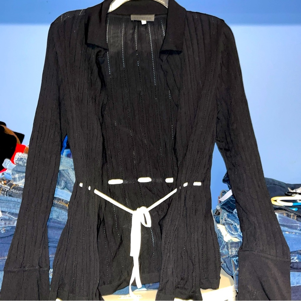 Veritas BLACK SILK Cardigan White Laced Tie BELT Collar Sweater Knit Viscose MED